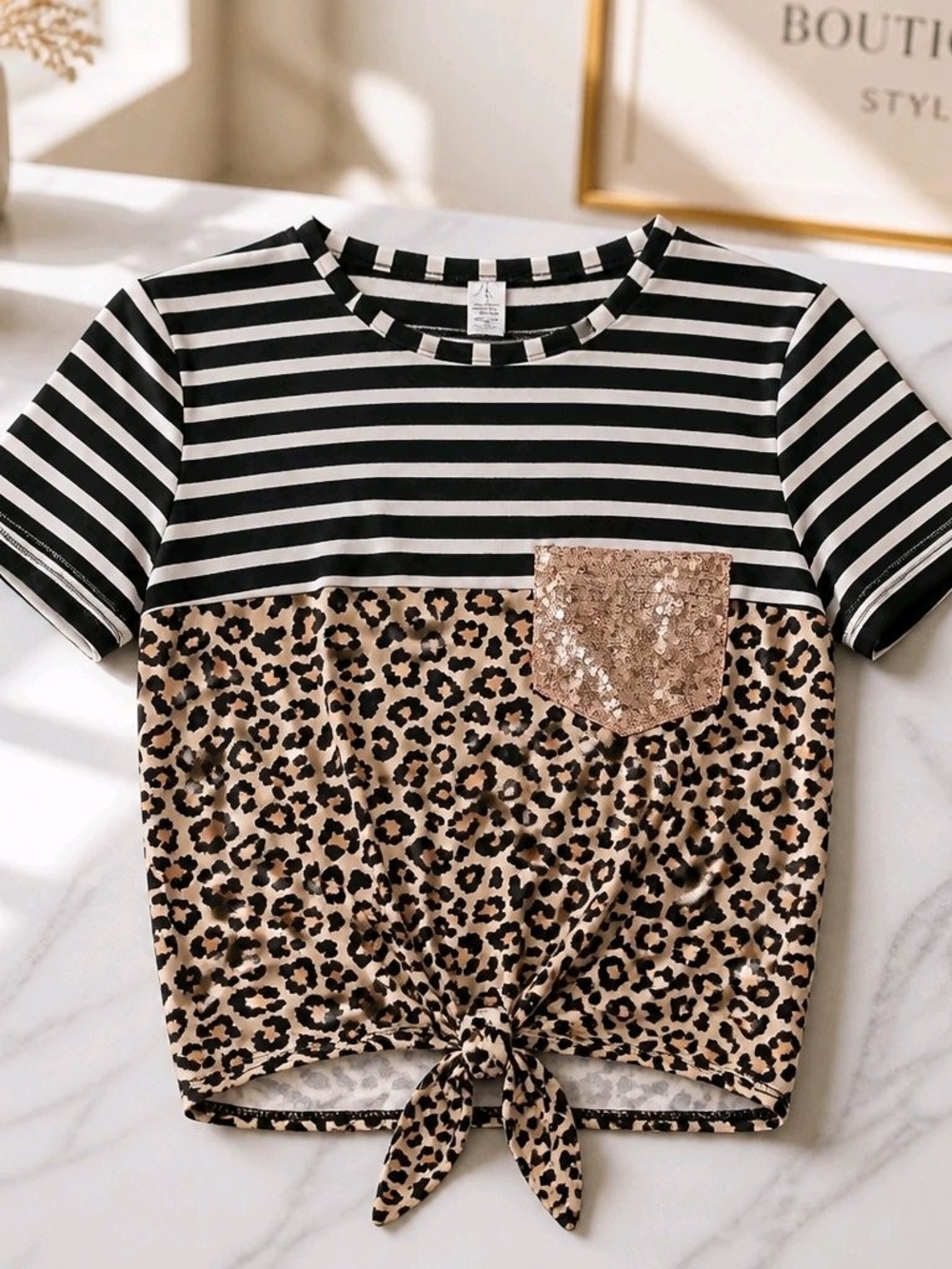 Leopard Tie-Front Tee with Sequin Pocket - Black & Tan